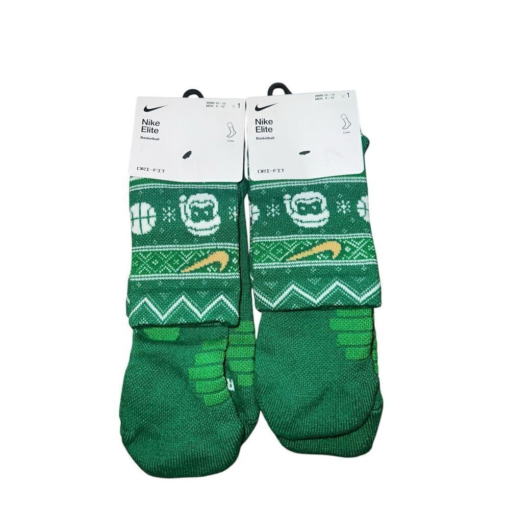 2 Nike ELITE Crew Basketball Socks CHRISTMAS green dri fit santa holidays W10-13
